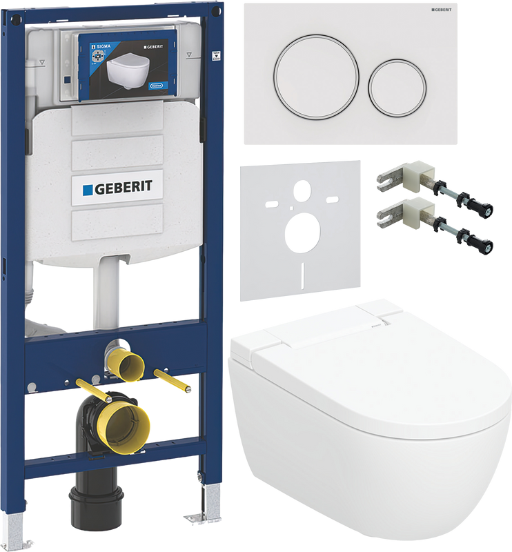 Комплект Умный унитаз Geberit AquaClean Alba безободковый, с биде + Инсталляция Duofix UP 320 111.300.00.5 + Кнопка Sigma 20 115.882.11.1 белая + Звукоизоляция + Крепления 111.815.00.1 к стене