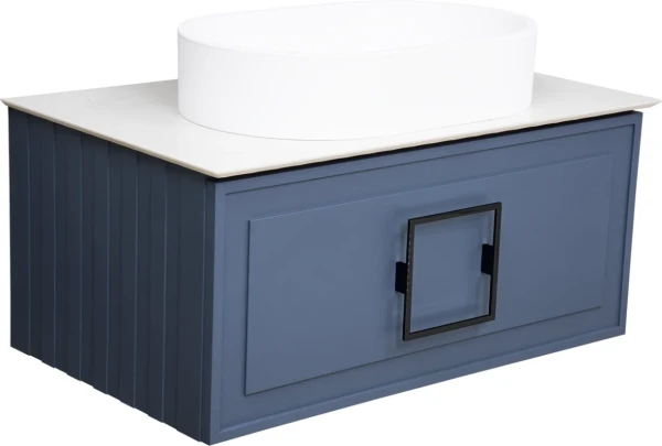 Тумба с раковиной La Fenice Cubo 80 подвесная, blu grigio, ручка черная, столешница белый мрамор, раковина матовая белая