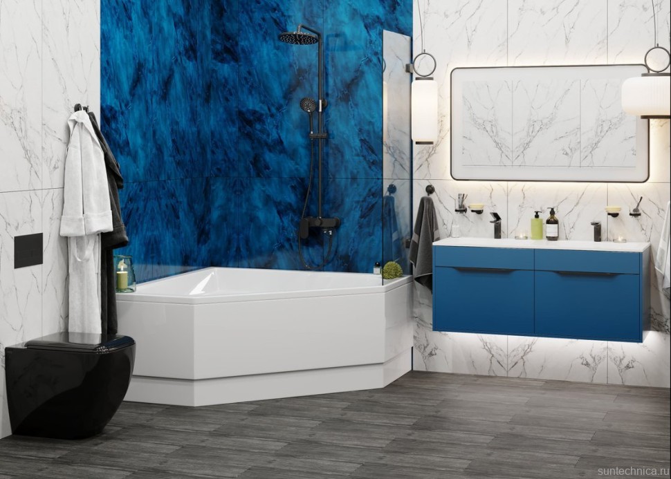 Акриловая ванна Vagnerplast Cavallo Corner 140x140 см, угловая, пристенная, белая, пятиугольная, с каркасом, с сиденьем