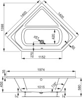 Акриловая ванна Vagnerplast Cavallo Corner 140x140 см, угловая, пристенная, белая, пятиугольная, с каркасом, с сиденьем
