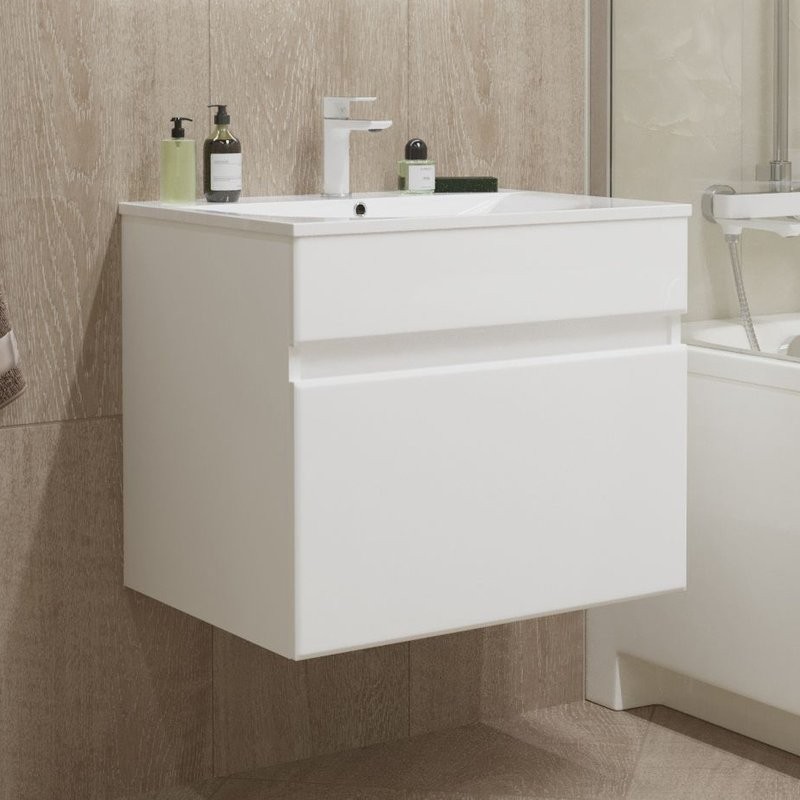 Тумба с раковиной Mixline Брикс 60 подвесная, глянцевая белая, раковина Breeze 60