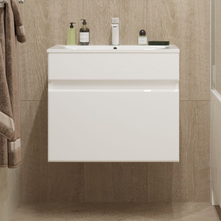 Тумба с раковиной Mixline Брикс 60 подвесная, глянцевая белая, раковина Breeze 60