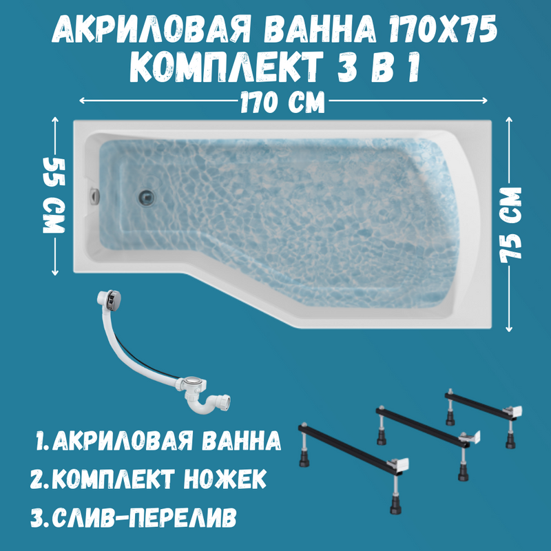 Комплект Акриловая ванна 1MarKa Convey R Стандарт 2+ 170x75 см, правая, встраиваемая, белая, асимметричная, со сливом-переливом