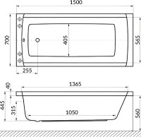 Акриловая ванна Excellent Aquaria Relax 150x70 см, встраиваемая, с гидромассажем, белая, с каркасом, со сливом-переливом, фурнитура золото