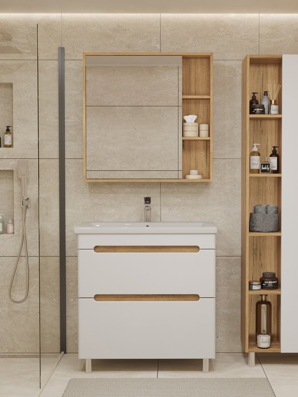 Мебель для ванной комнаты SanStar Diva 70 напольная, матовая белая, дуб вотан, раковина Como 70