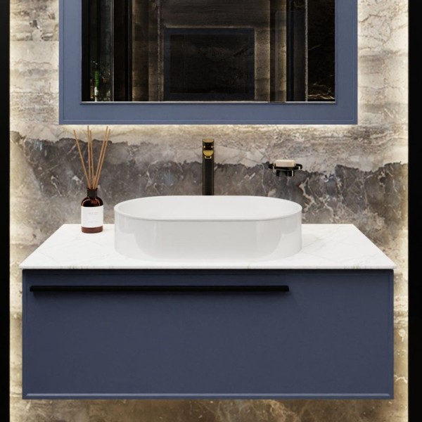 Тумба под раковину со столешницей La Fenice Elba 80 подвесная, синяя, столешница белый мрамор