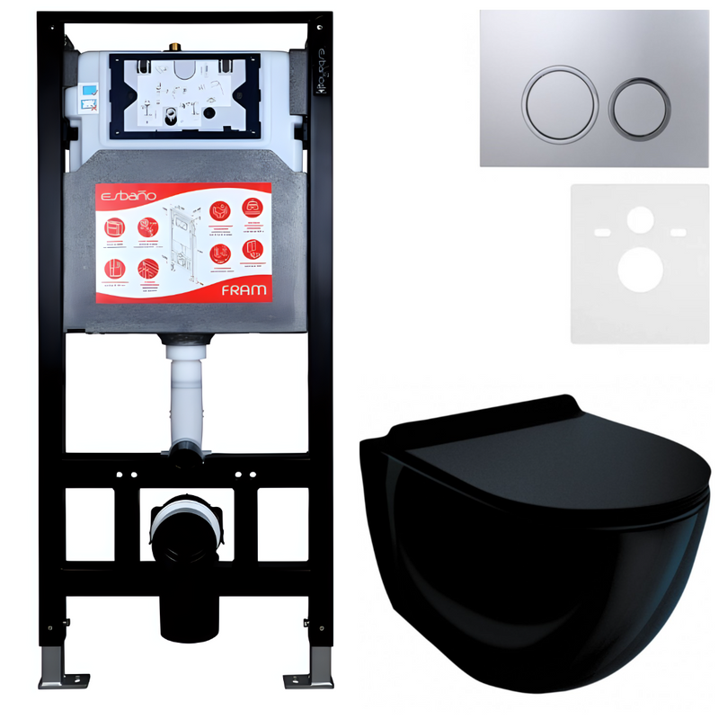 Комплект Унитаз подвесной Esbano Garcia ESUPGARCB черный глянец + Инсталляция Fram + Кнопка ESINKRG11MC
