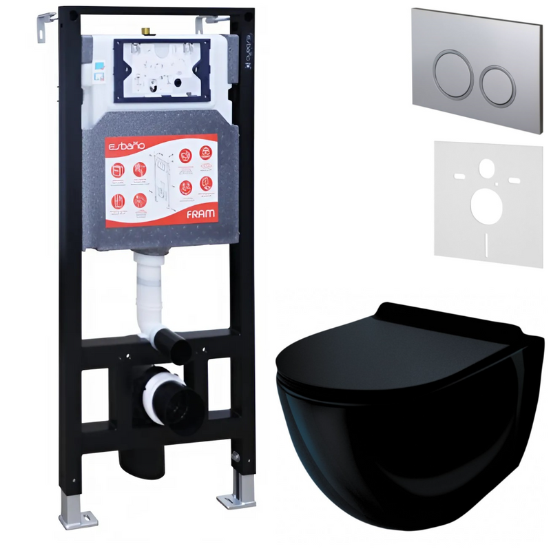 Комплект Унитаз подвесной Esbano Garcia ESUPGARCB черный глянец + Инсталляция Fram + Кнопка ESINKRG11MC