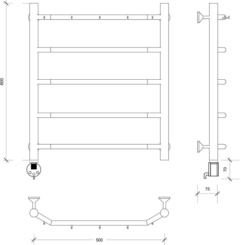 Полотенцесушитель электрический Secado Агата 1 К 60x50 см, подключение слева, матовый черный, лесенка