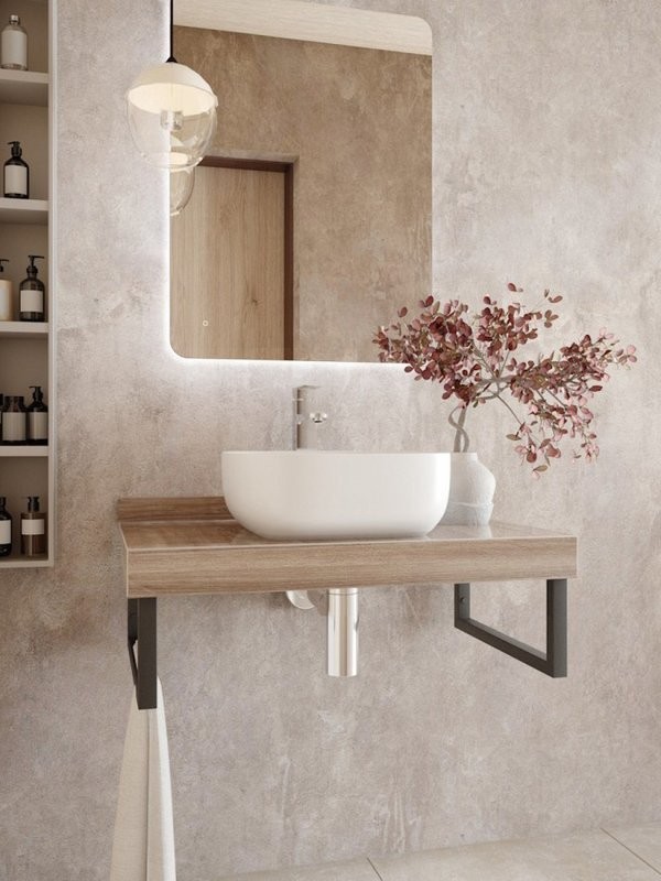 Столешница с раковиной Teymi Helmi 80 дуб кашмир, раковина Solli 41,  с черными кронштейнами