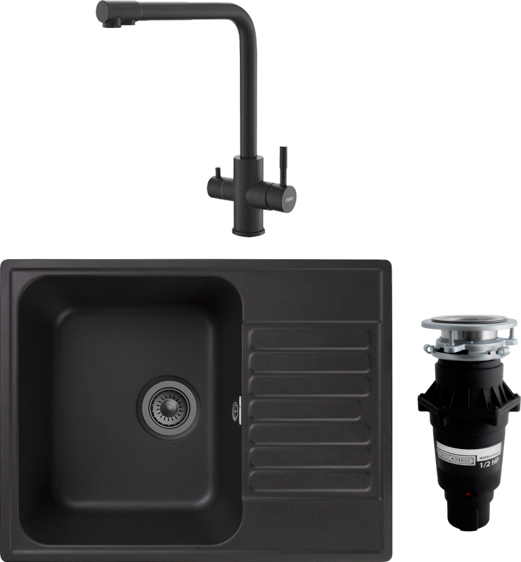 Комплект Мойка GranFest Quarz Z13 черный + Смеситель ESKO K24 B черный + Измельчитель Bone Crusher BC 810-SL Slim Line