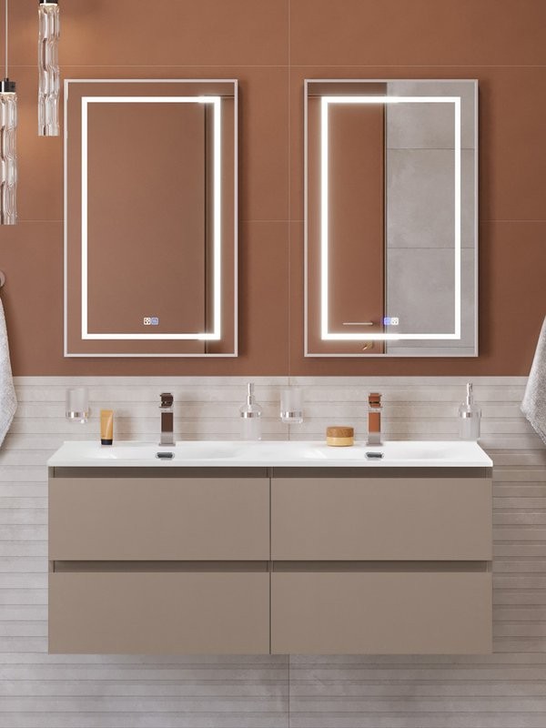 Мебель для ванной комнаты BelBagno Kraft 120 подвесная, матовая бежевая, раковина bb-8099-120-2, для двоих