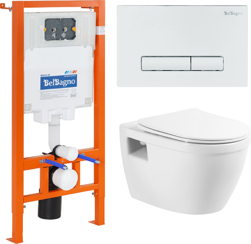 Комплект Унитаз подвесной BelBagno Loto BB070CHR/SC безободковый, с микролифтом, инсталляция BB002-80 с кнопкой BB018-GV-BIANCO