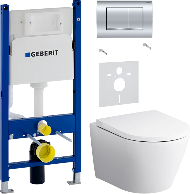 Комплект Унитаз подвесной AM.PM Sense C741701SC безободковый, с микролифтом + Звукоизоляция Geberit + Инсталляция Duofix Delta 458.163.21.1 с кнопкой смыва, хром