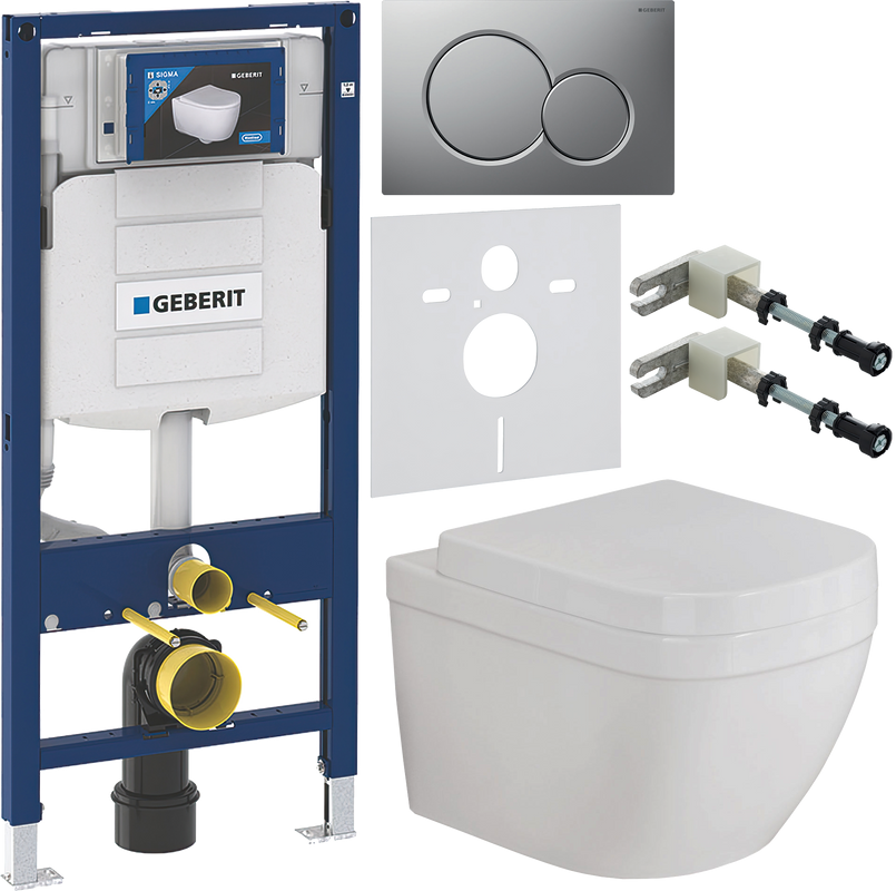 Комплект Унитаз подвесной Grohe Euro Ceramic + Крышка 39330001 с микролифтом + Инсталляция Geberit Duofix UP 320 111.300.00.5 + Кнопка Sigma 01 115.770.JQ.5 лакированная, матовый хром + Крепления 111.815.00.1 к стене + Звукоизоляция