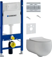 Комплект Унитаз подвесной Kerasan Flo + Крышка slim 319101 с микролифтом + Инсталляция Geberit Duofix Delta 458.149.21.1 с кнопкой смыва, хром + Звукоизоляция