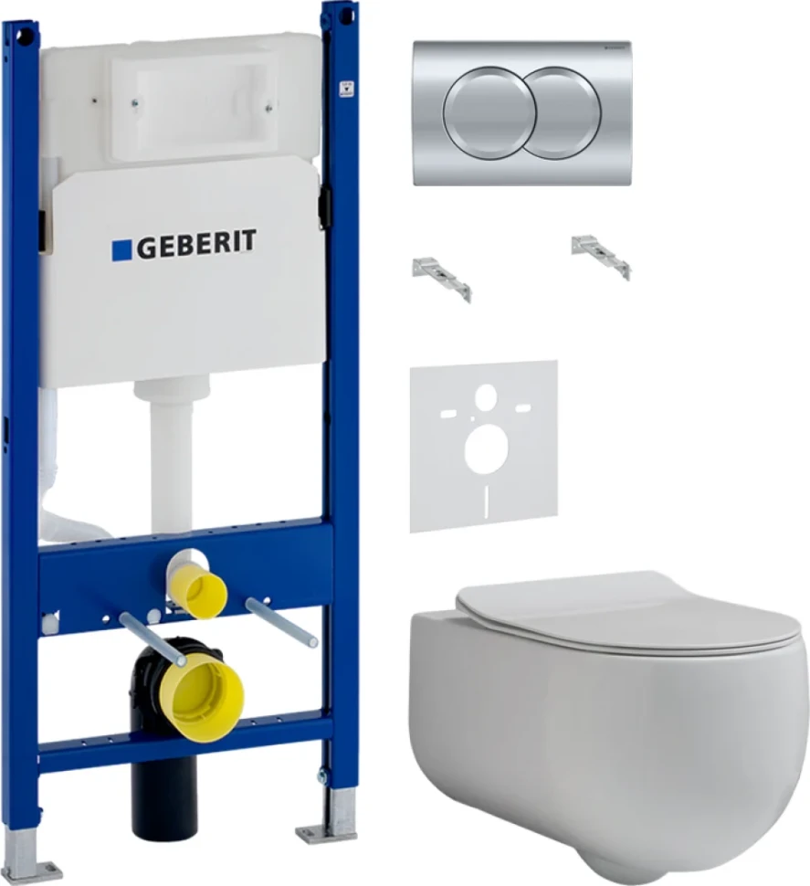 Комплект Унитаз подвесной Kerasan Flo + Крышка slim 319101 с микролифтом + Инсталляция Geberit Duofix Delta 458.149.21.1 с кнопкой смыва, хром + Звукоизоляция