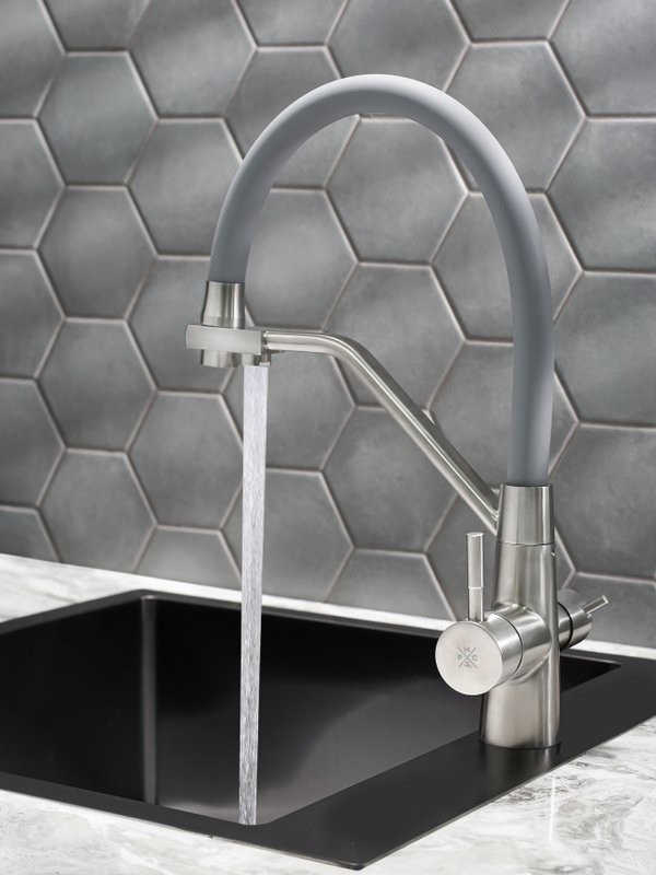 Смеситель для кухни РМС SUS127GY-016F-015 с гибким изливом, хром, серый