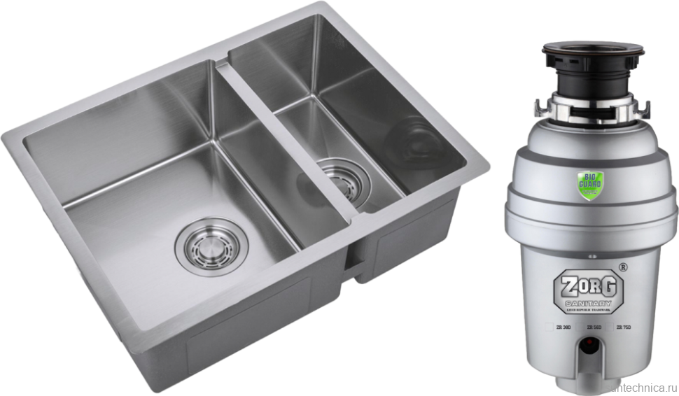 Комплект Мойка Zorg Light ZL R 580-2-440 нержавеющая сталь + Измельчитель Inox D