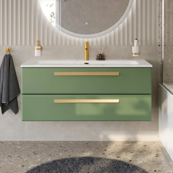 Тумба с раковиной Cezares Eco Cer-N 120 фисташковый софт, раковина Eco 120, ручки сатиновое золото