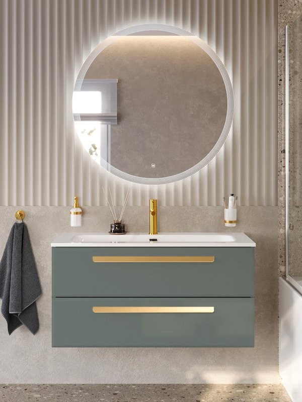 Тумба с раковиной Cezares Eco-Cer-N 100 серо-зеленая матовая, раковина CZR-8073-100, ручки сатиновое золото