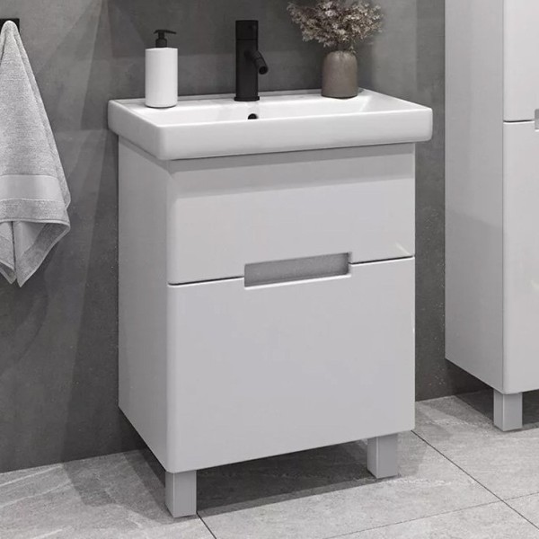 Тумба с раковиной SanStar Ориана 50 напольная, белая, раковина Универсал Енисей 50