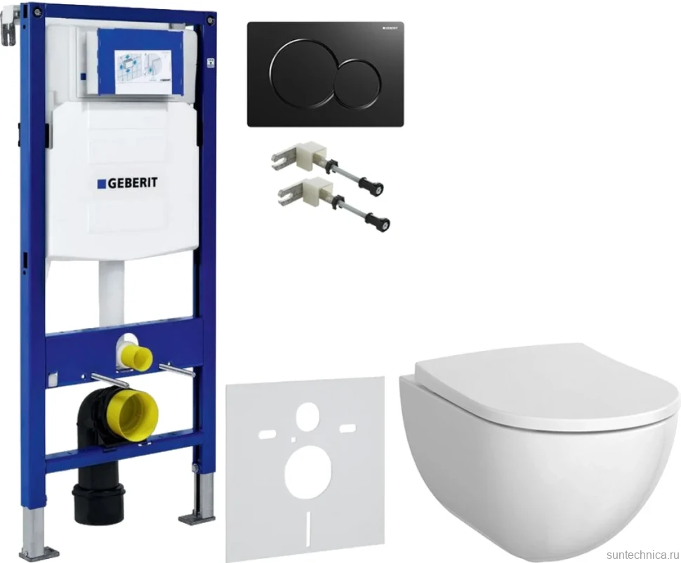 Комплект Унитаз подвесной Geberit Acanto + Крышка + Крепления Duofix 111.815.00.1 к стене + Звукоизоляция + Инсталляция UP 320 111.300.00.5 + Кнопка Sigma 01 115.770.DW.5 черная