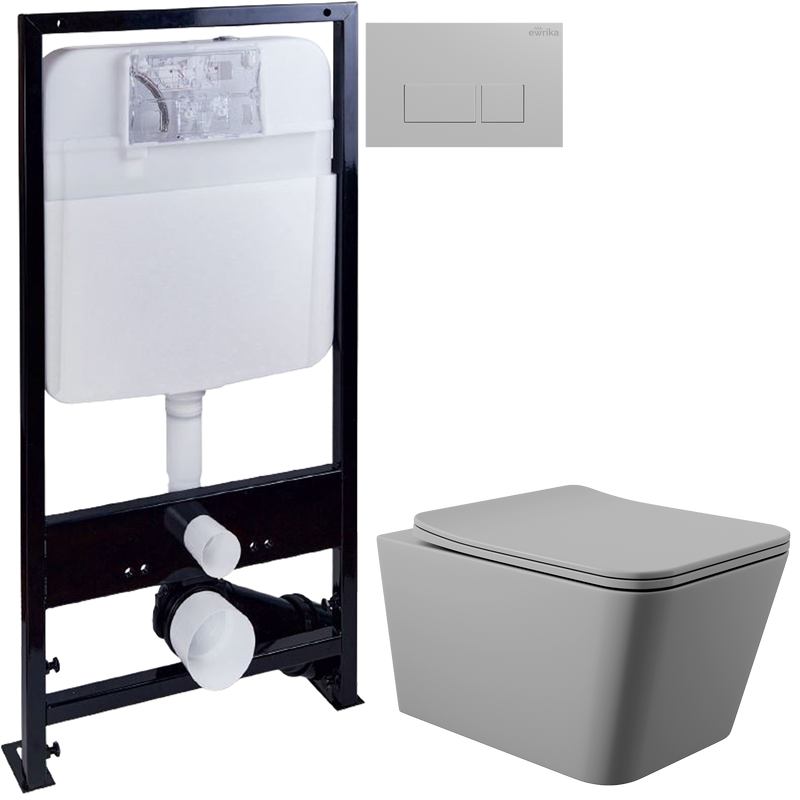 Комплект Унитаз подвесной Aqueduto Macio MAC0130 безободковый, с микролифтом, серый матовый + Инсталляция EWRIKA ProLT 0026-2020 + Кнопка 0040 хром матовый