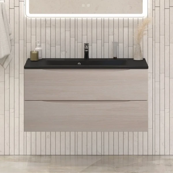 Тумба с раковиной BelBagno Marino 100 подвесная, rovere grigio, черная раковина