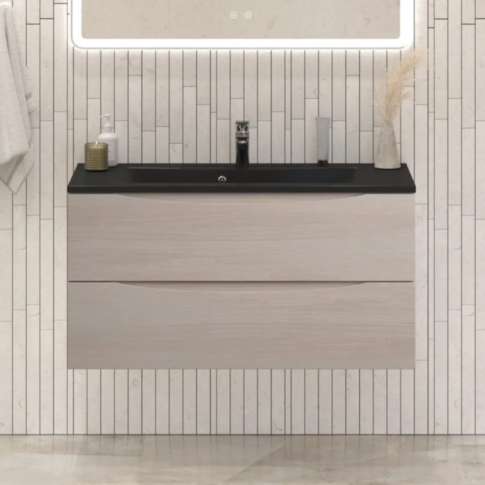 Тумба с раковиной BelBagno Marino 100 подвесная, rovere grigio, черная раковина