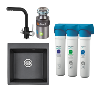 Комплект Мойка кухонная Paulmark Kante 50 PM105152-BL черный + Смеситель Essen Es213011-418 черный металлик + Измельчитель Bort Titan 4000 Control + Фильтр Refine System