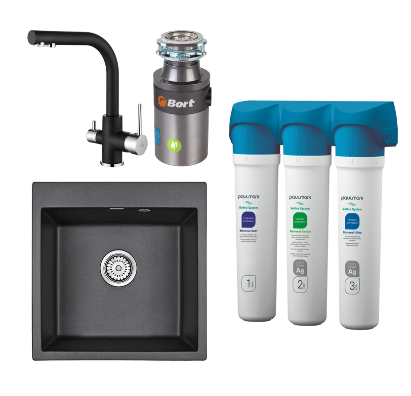 Комплект Мойка кухонная Paulmark Kante 50 PM105152-BL черный + Смеситель Essen Es213011-418 черный металлик + Измельчитель Bort Titan 4000 Control + Фильтр Refine System
