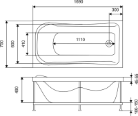 Акриловая ванна EUROLUX Akra 170x75 см, пристенная, белая, с каркасом, 170х75, с каркасом