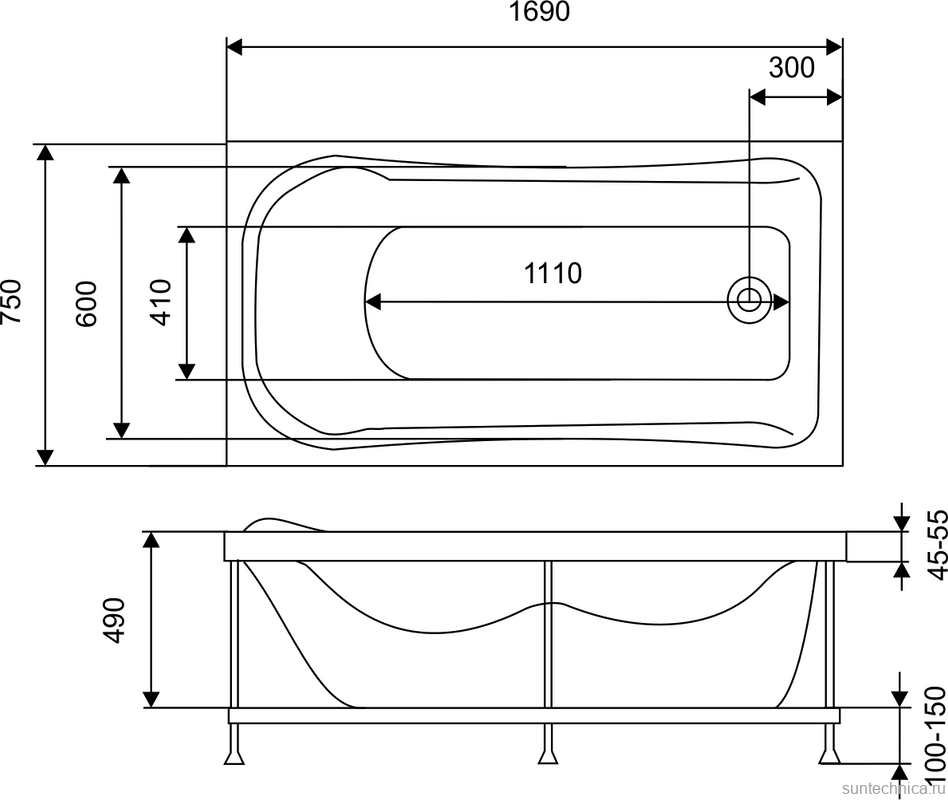 Акриловая ванна EUROLUX Akra 170x75 см, пристенная, белая, с каркасом, 170х75, с каркасом