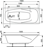 Акриловая ванна Vagnerplast Aronia 150x70 см, пристенная, белая, с каркасом