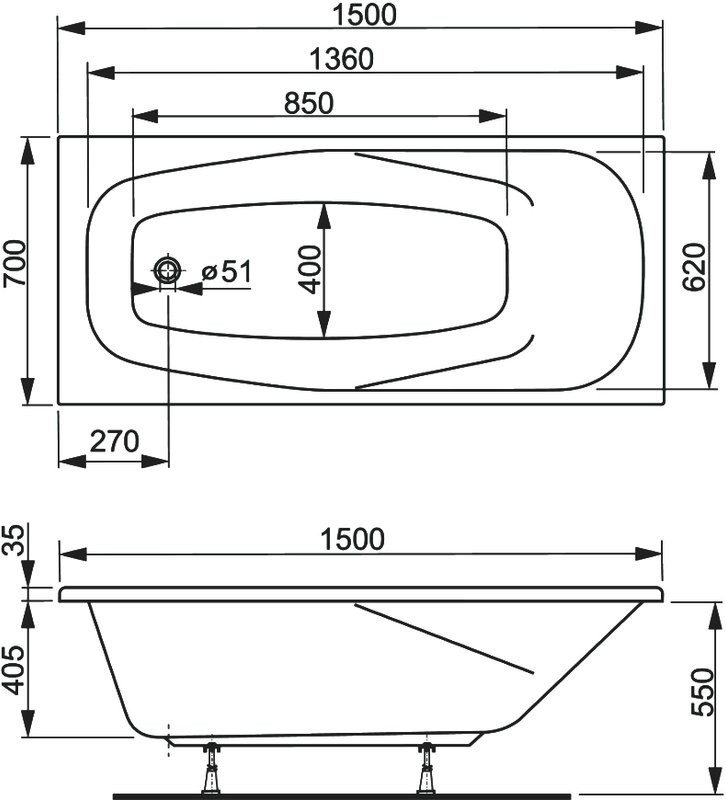 Акриловая ванна Vagnerplast Aronia 150x70 см, пристенная, белая, с каркасом