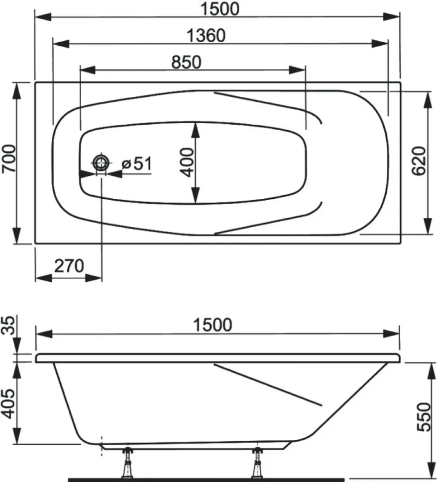 Акриловая ванна Vagnerplast Aronia 150x70 см, пристенная, белая, с каркасом