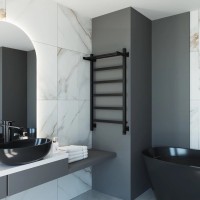 Полотенцесушитель электрический Grota Lore 530х1000 RAL9005 EL 100x55 см, подключение справа, слева, скрытое подключение справа, матовый черный, лесенка, из стали, с полкой