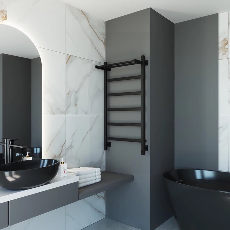 Полотенцесушитель электрический Grota Lore 530х1000 RAL9005 EL 100x55 см, подключение справа, слева, скрытое подключение справа, матовый черный, лесенка, из стали, с полкой