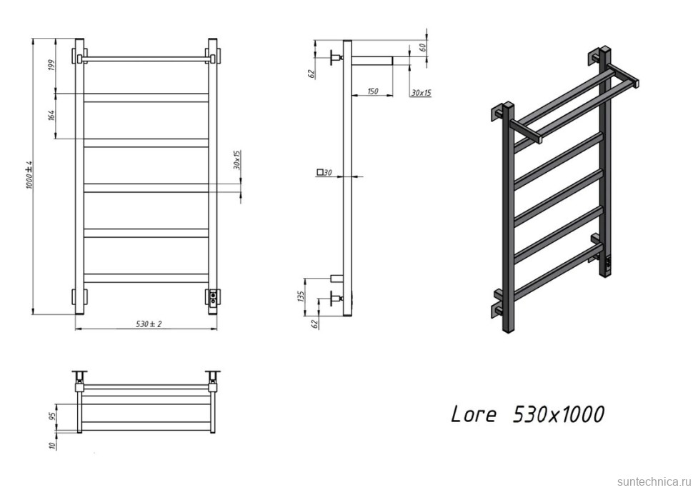 Полотенцесушитель электрический Grota Lore 530х1000 RAL9005 EL 100x55 см, подключение справа, слева, скрытое подключение справа, матовый черный, лесенка, из стали, с полкой