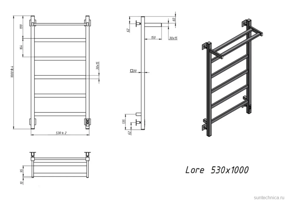 Полотенцесушитель электрический Grota Lore 530х1000 RAL9005 EL 100x55 см, подключение справа, слева, скрытое подключение справа, матовый черный, лесенка, из стали, с полкой
