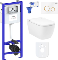 Комплект Lavinia Boho Унитаз подвесной Smart V-Clean 3359101R безободковый, с микролифтом + Инсталляция RelFix 38010010 + Кнопка RelFix 38050804 белая, золотой глянец + Дозатор RelFix 38040010