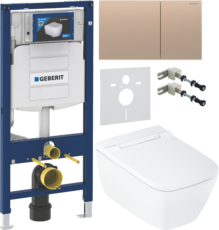 Комплект Умный унитаз Geberit AquaClean Sela Square безободковый, с биде, белый + Инсталляция Duofix UP 320 111.300.00.5 + Кнопка Sigma 70 115.622.QB.1 красное золото + Звукоизоляция + Крепления 111.815.00.1 к стене