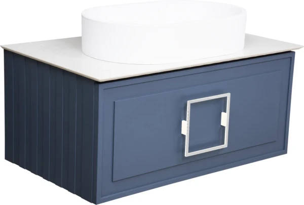 Тумба с раковиной La Fenice Cubo 80 подвесная, blu grigio, ручка белая, столешница белый мрамор, раковина матовая белая