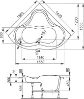 Акриловая ванна Vagnerplast Iris 145x145 см, угловая, пристенная, белая, четверть круга, с каркасом, с сиденьем