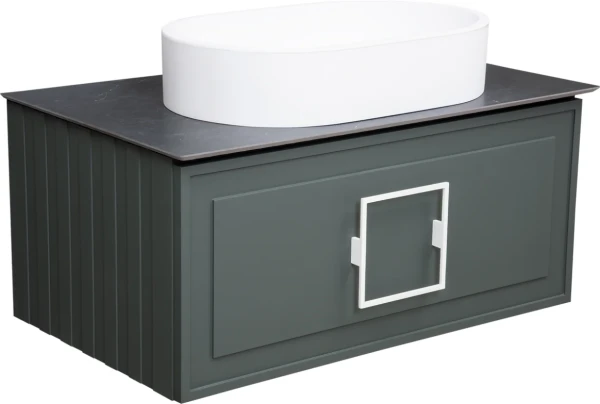 Тумба с раковиной La Fenice Cubo 80 подвесная, grigio, ручка белая, столешница черный мрамор, раковина белая матовая