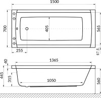 Акриловая ванна Excellent Aquaria Smart Nano 150x70 см, встраиваемая, с гидромассажем, белая, с каркасом, со сливом-переливом, фурнитура золото
