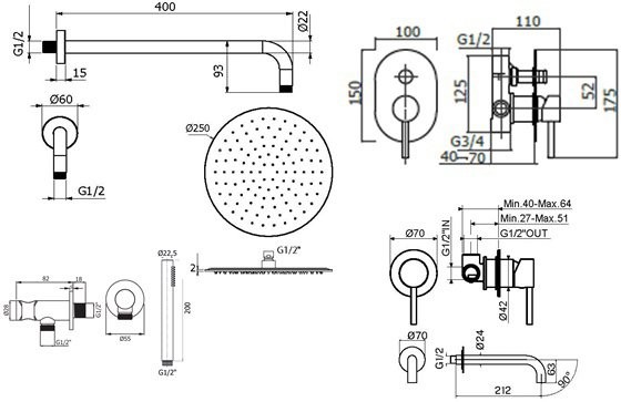 Комплект для ванной Plumberia Selection Ixo KITXO15NO210 С ВНУТРЕННЕЙ ЧАСТЬЮ, черный матовый
