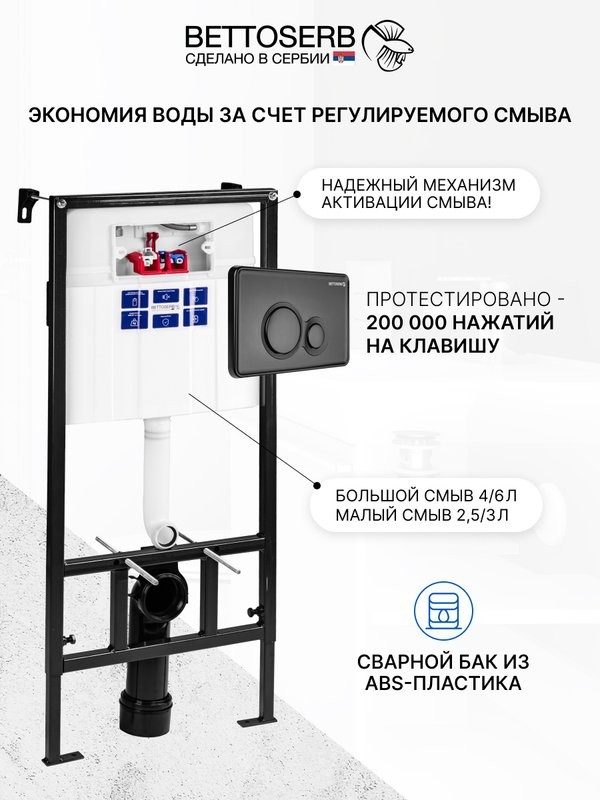 Комплект Инсталляция BETTOSERB Sava Fix Slim 40006456 + Кнопка Twin 40006459 цвет матовый черный