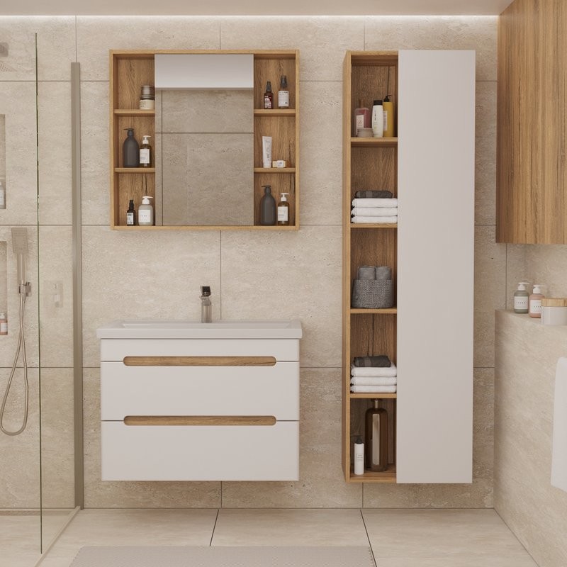 Шкаф-пенал для ванной SanStar Diva 50 матовый белый, дуб вотан, с открытыми полками